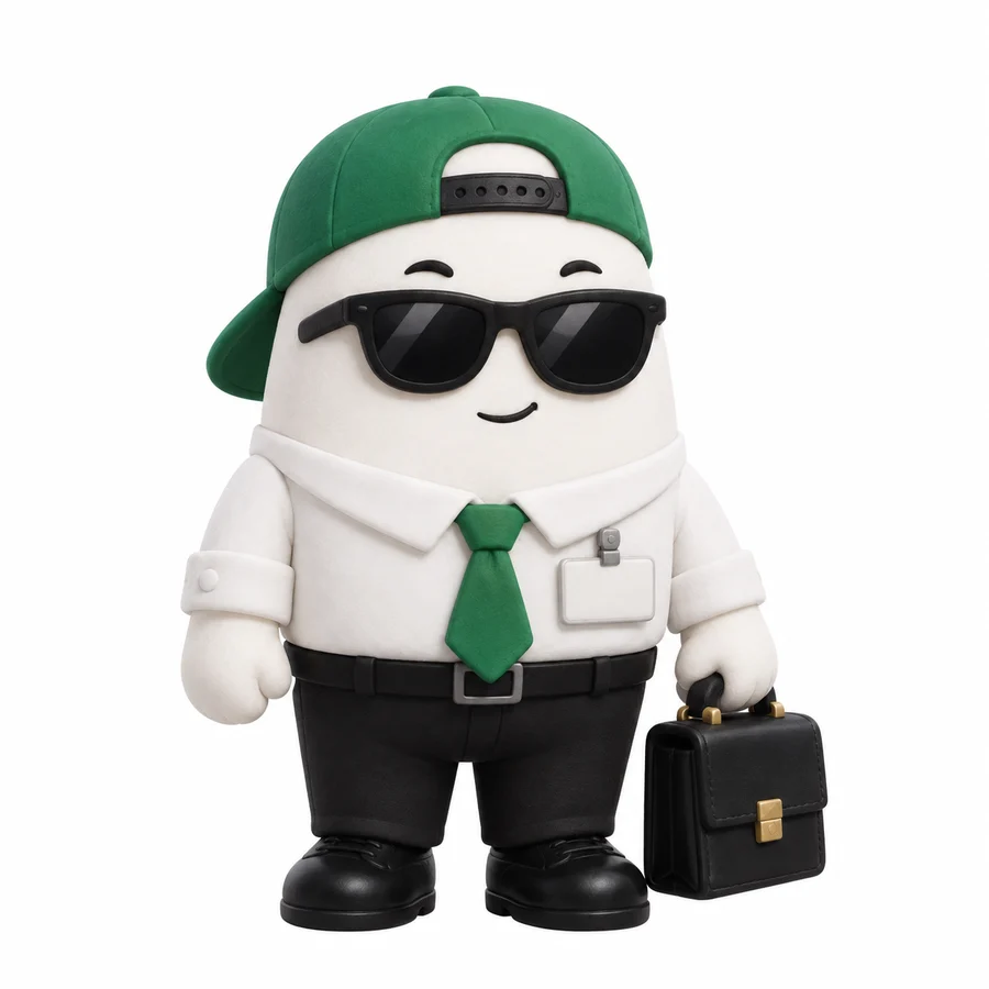 A Pillers agent: a white pill office worker in a green cap, sunglasses and a green tie